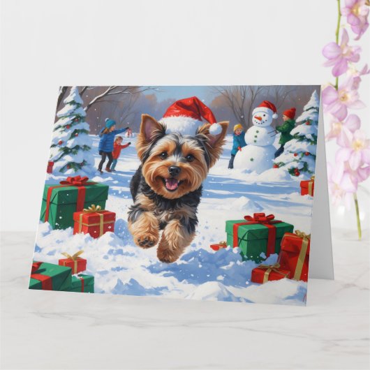 Yorkipoo Rent in de Sneeuw met Kerstmuts Kaart (Orchidee)