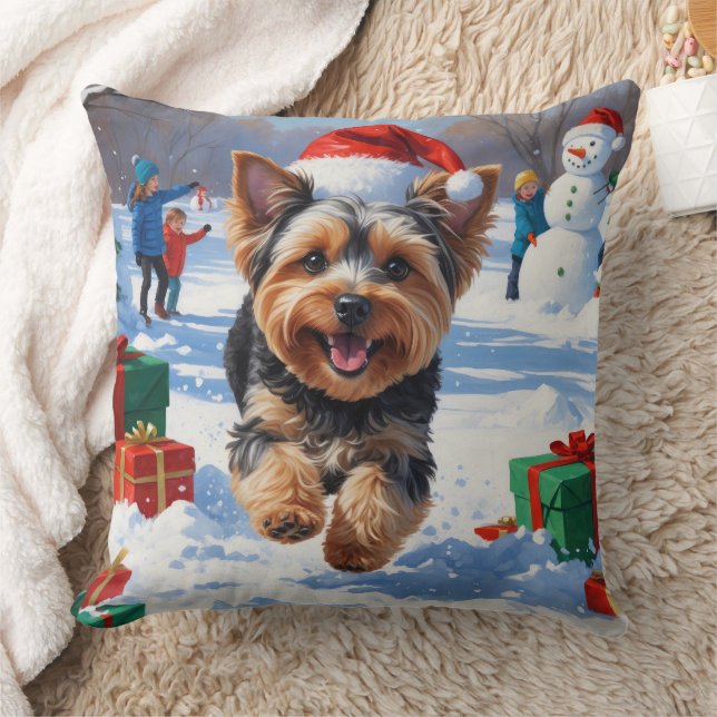 Yorkipoo Rent in de Sneeuw met Kerstmuts Kussen (Deken)