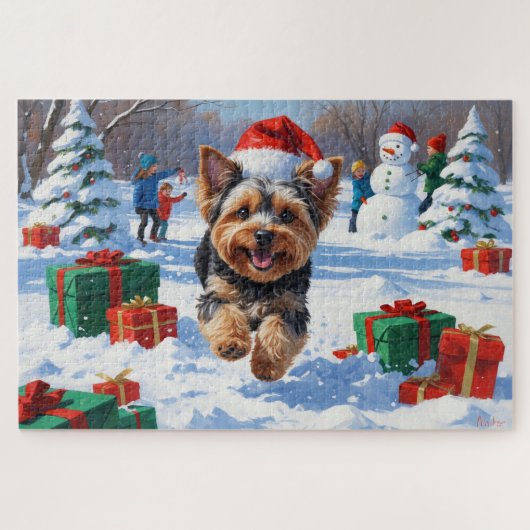 Yorkipoo Rent in de Sneeuw met Kerstmuts Legpuzzel (Horizontaal)
