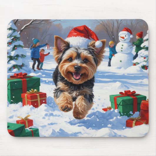 Yorkipoo Rent in de Sneeuw met Kerstmuts Muismat (Voorkant)