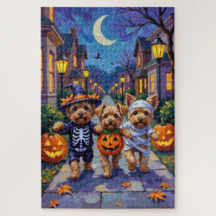 Yorkipoo snoep vragen in Halloween kostuums Legpuzzel
