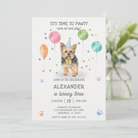 Yorkshire Lets Dog Pawty Puppy Verjaardag Roze Kaart (Staand voorkant)