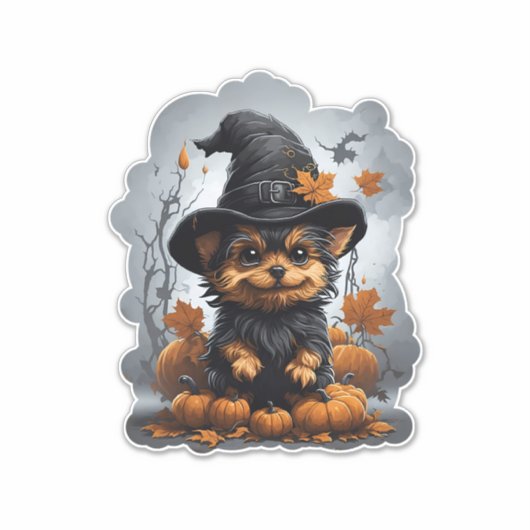 Yorkshire puppy Cartoon met pompoenen. Sticker (Voorkant)