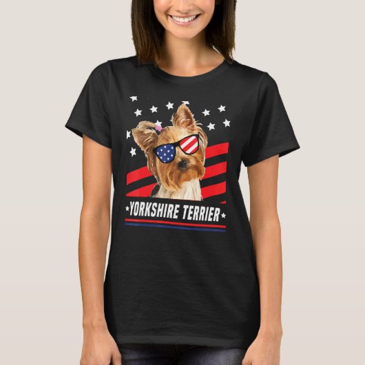 Yorkshire Terrier Amerikaanse vlag 4th juli hond T-shirt (Voorkant)