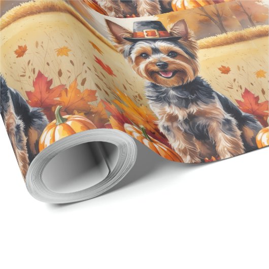 Yorkshire Terrier Autumn verlaat Thanksgiving Cadeaupapier (Rol Hoek)