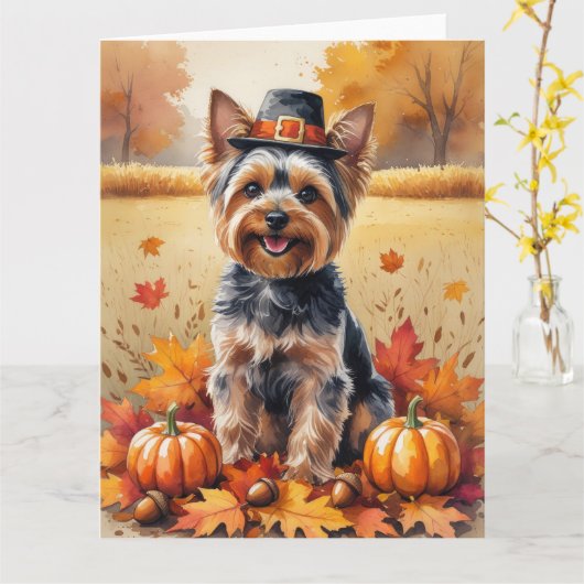 Yorkshire Terrier Autumn verlaat Thanksgiving Kaart (Gele Bloem)