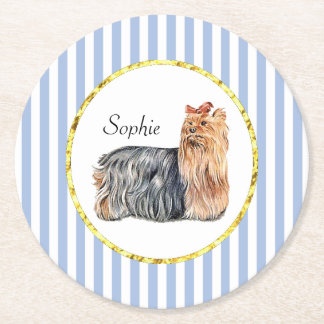 Yorkshire Terrier Blue Stripes Personalize Ronde Kartonnen Onderzetter