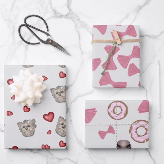 Yorkshire Terrier Bows Hearts Gift Set Inpakpapier Vel (Voorkant)