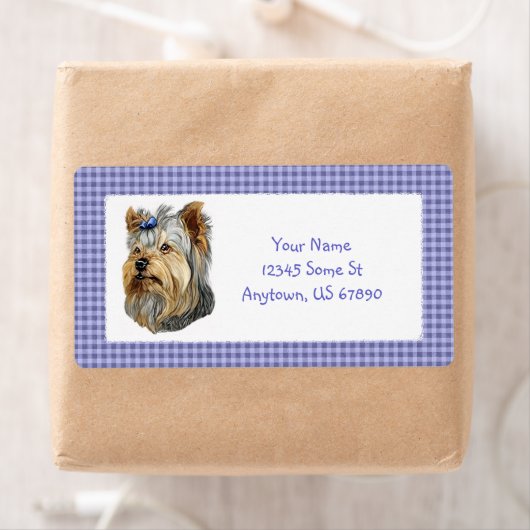 Yorkshire Terrier Bust Blue Bow Labels (Insitu)