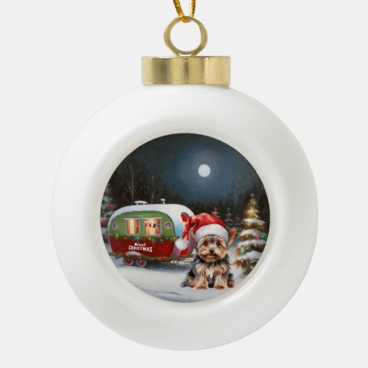 Yorkshire Terrier Caravan Kerstavontuur Keramische Bal Ornament (Voorkant)