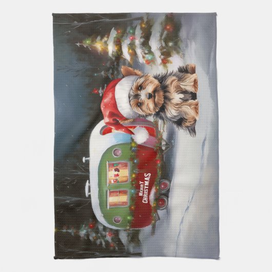 Yorkshire Terrier Caravan Kerstavontuur Theedoek (Verticaal)