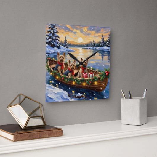 Yorkshire Terrier Christmas Boat Holiday Vierkante Klok (Kantoor)