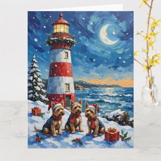 Yorkshire Terrier Christmas Lighthouse Holiday Kaart (Gele Bloem)