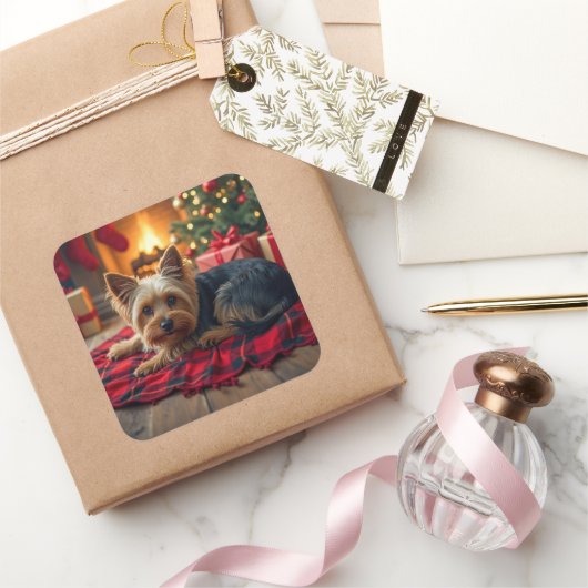 Yorkshire Terrier Cozy Christmas Evening Painting Vierkante Sticker (Geschenken)