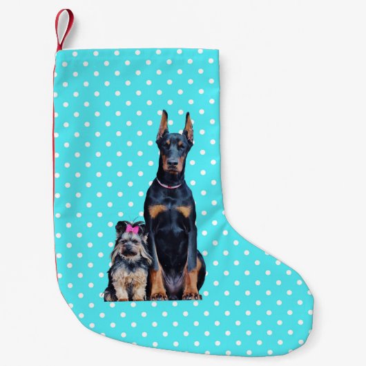 Yorkshire Terrier Doberman Blauwe stippen Kleine Kerstsok (Voorkant)