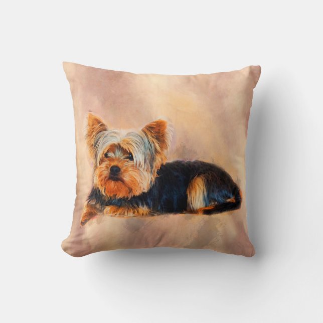 Yorkshire Terrier Dog Art Waterverf Portret Kussen (Voorkant)