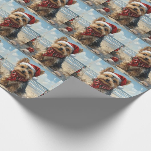 Yorkshire Terrier Dog Christmas  Beach Cadeaupapier (Hoek)