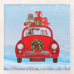 Yorkshire Terrier Dog in auto met kerstman Glazen Onderzetter