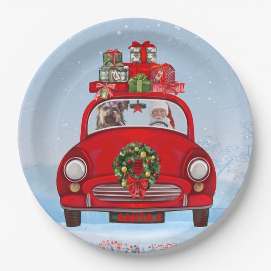 Yorkshire Terrier Dog in auto met kerstman Papieren Bordje (Voorkant)