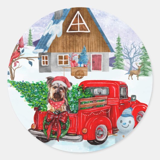 Yorkshire Terrier Dog in kerstcadeau Ronde Sticker (Voorkant)
