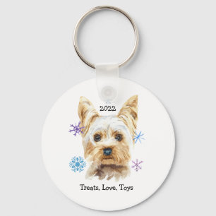 Yorkshire Terrier Dog met Snowflakes Waterverf Sleutelhanger