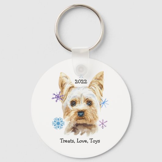 Yorkshire Terrier Dog met Snowflakes Waterverf Sleutelhanger (Voorkant)