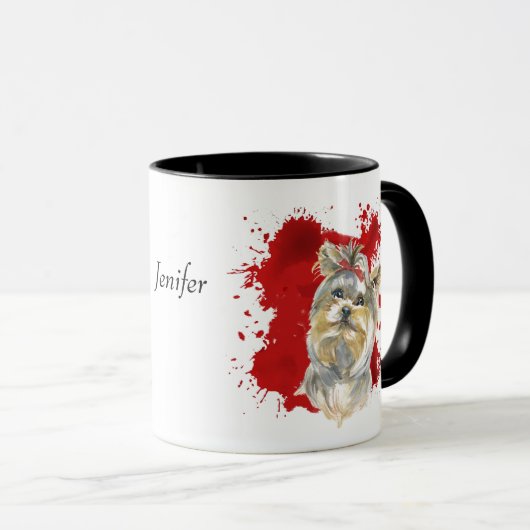 Yorkshire Terrier Dog Red Abstracte achtergrond Mok (Voorkant rechts)
