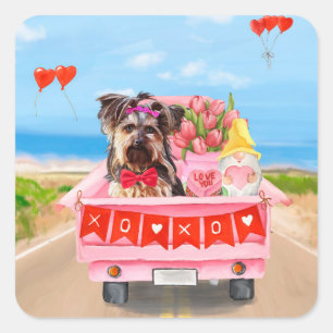 Yorkshire Terrier Dog Valentijnsdag Truck Hearts Vierkante Sticker