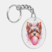 Yorkshire Terrier Dog w Pink Bubblegum Watercolor Sleutelhanger (Voorkant Links)