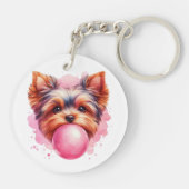 Yorkshire Terrier Dog w Pink Bubblegum Watercolor Sleutelhanger (Achterkant)