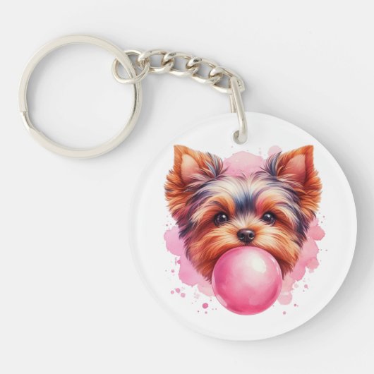 Yorkshire Terrier Dog w Pink Bubblegum Watercolor Sleutelhanger (Voorkant)