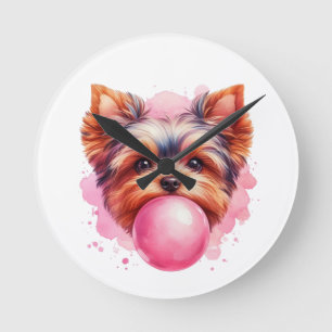 Yorkshire Terrier Dog w Pink Bubblegum Waterverf Ronde Klok