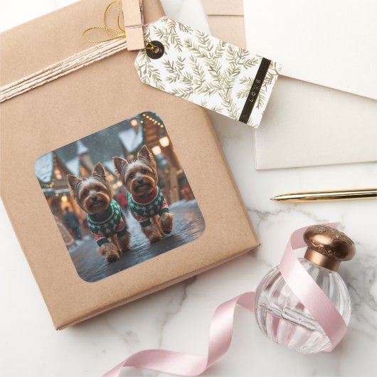 Yorkshire Terrier Dogs Christmas Snow Holiday  Vierkante Sticker (Geschenken)