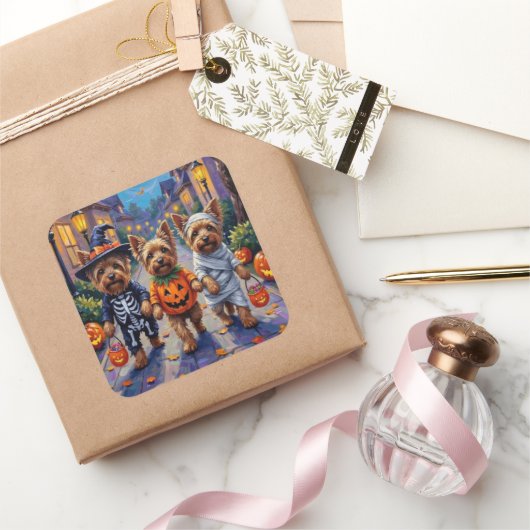 Yorkshire Terrier Dogs in Halloween Costumes Vierkante Sticker (Geschenken)