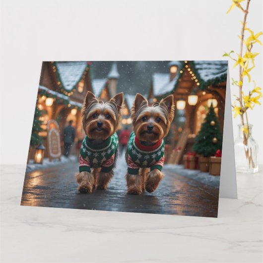 Yorkshire Terrier Dogs Kerstmis Sneeuw Vakantie Kaart (Gele Bloem)