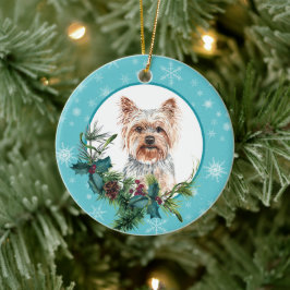 Yorkshire Terrier Evergreen Blue Snowflake Border Keramisch Ornament