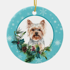Yorkshire Terrier Evergreen Blue Snowflake Border Keramisch Ornament
