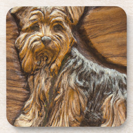 Yorkshire Terrier Faux Wood Carving Bier Onderzetter (Voorkant)