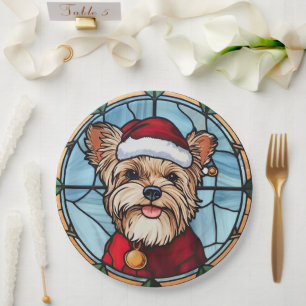 Yorkshire Terrier Gebrandschilderd Glas Kerstmis Papieren Bordje