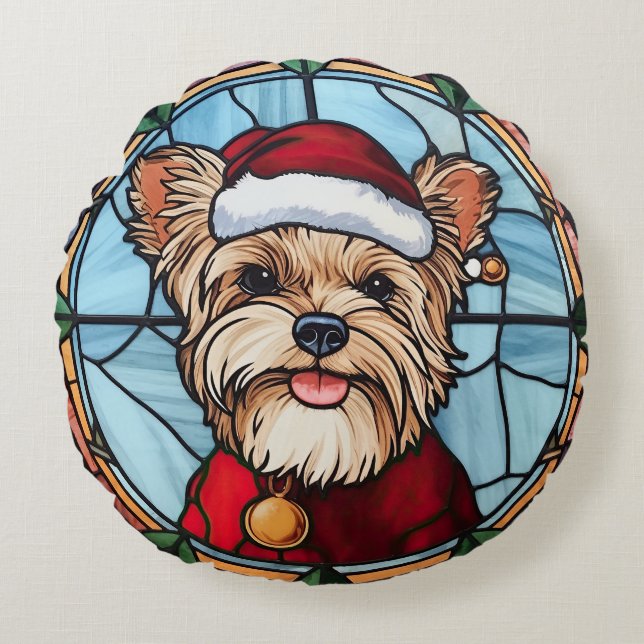 Yorkshire Terrier Gebrandschilderd Glas Kerstmis Rond Kussen (Voorkant)