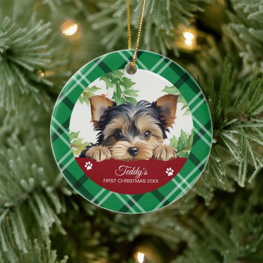 Yorkshire Terrier gepersonaliseerde eerste kerst Keramisch Ornament (Boom)
