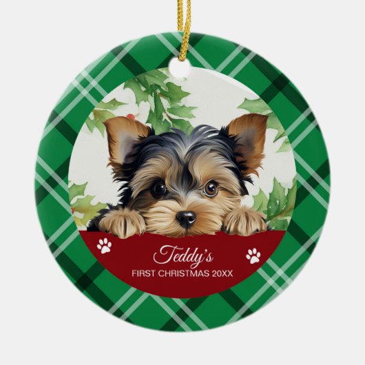 Yorkshire Terrier gepersonaliseerde eerste kerst Keramisch Ornament (Voorkant)