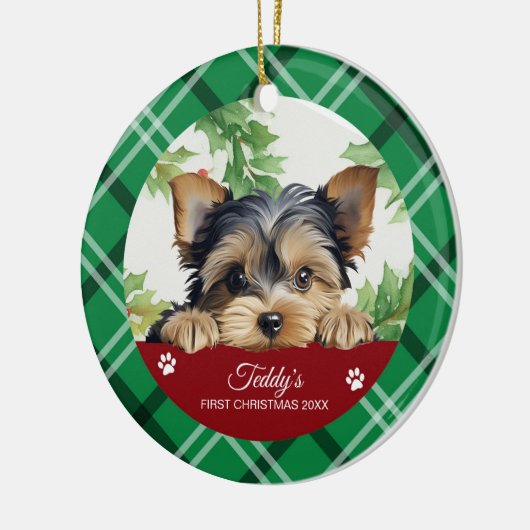 Yorkshire Terrier gepersonaliseerde eerste kerst Keramisch Ornament (Links)
