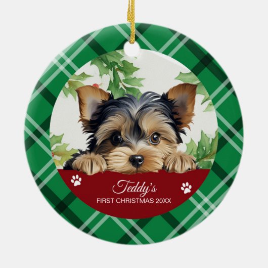 Yorkshire Terrier gepersonaliseerde eerste kerst Keramisch Ornament (Achterkant)
