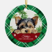 Yorkshire Terrier Gepersonaliseerde Eerste Kerstmi Keramisch Ornament (Voorkant)