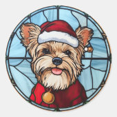 Yorkshire Terrier Glas in lood Kerst Ronde Sticker (Voorkant)