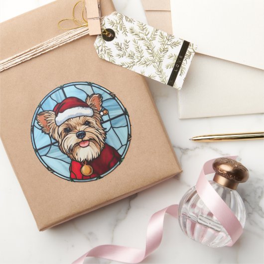 Yorkshire Terrier Glas in lood Kerst Ronde Sticker (Geschenken)