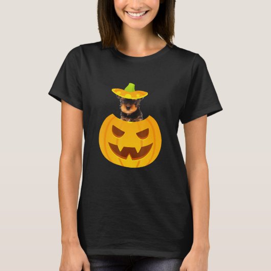 Yorkshire Terrier gluren uit Jack O Lantern T-shirt (Voorkant)