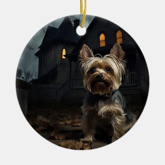 Yorkshire Terrier Halloween Griezelen Keramisch Ornament (Voorkant)