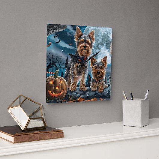 Yorkshire Terrier Halloween Griezelig Vierkante Klok (Kantoor)
